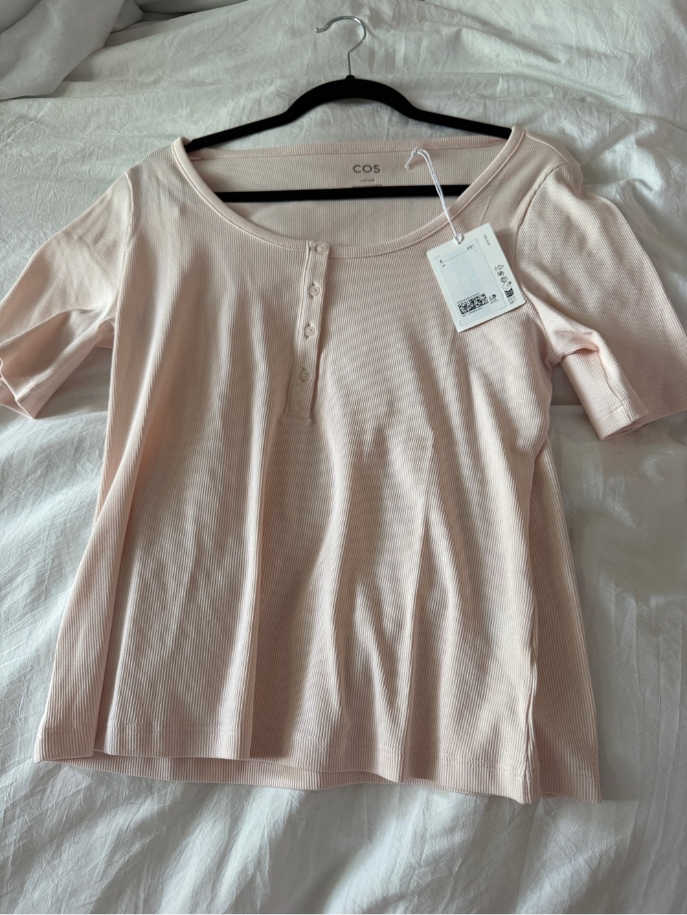 New w Tags COS Cotton Women's Light Baby Pink Ribbed Henley Top Womens Large